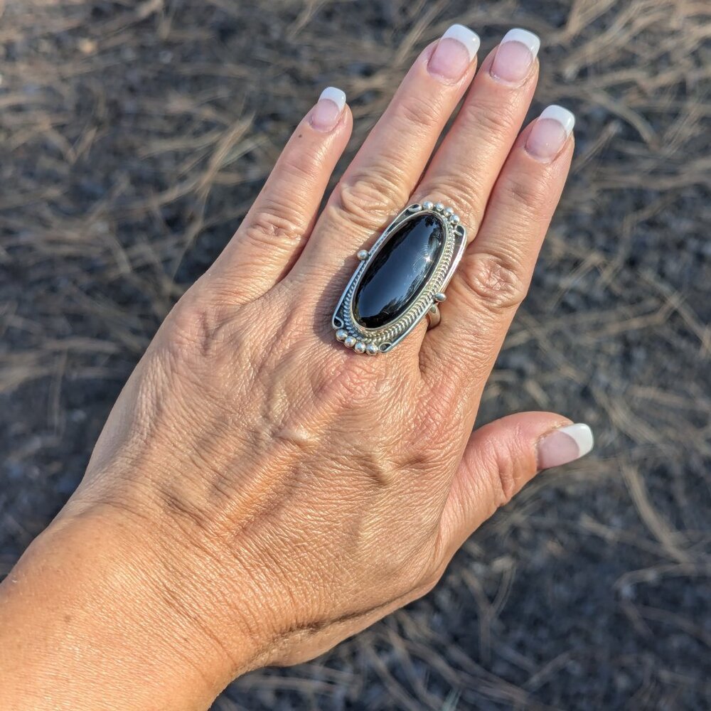 Handmade Navajo Jet Black Ring Large Oval Shape Sterling Silver Jewelry Sz 10 ** - Picture 6 of 10
